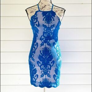 F & R Free & Rose Halter Strappy Open Back Lace Mini Dress Size Medium